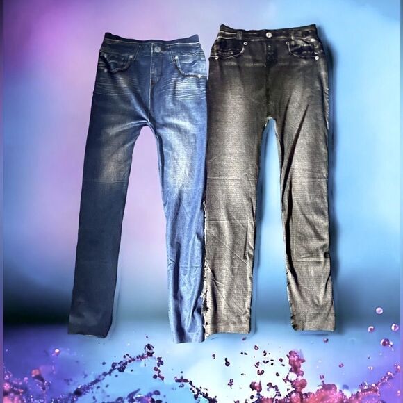 2 pair l Painted on l Jeggings l Blue & Black l New - Picture 6 of 9